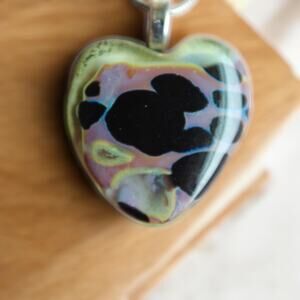 Heart Pendant Fused Glass, Unique custom design Earth tones, animal pattern 18"